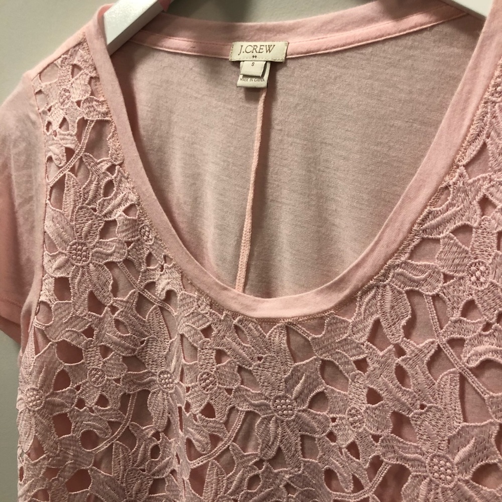 J. Crew Pink‎ Lace Overlay Scoop Neck Spring Shortsleeve Shirt Small 4 6 - Picture 2 of 4